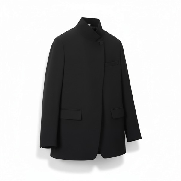 Dámské sako se stojáčkem Asymetrické zapínání na knoflík Volnější rovný střih Tři kapsy Polyester Do práce černá XS