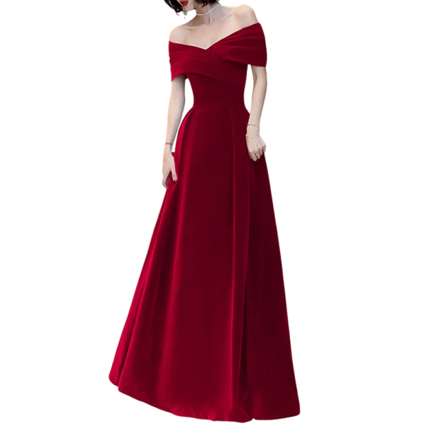 Dámské společenské dlouhé šaty s odhalenými rameny a áčkovou sukní vhodné na svatbu maturitní ples i večerní společenské akce červená S