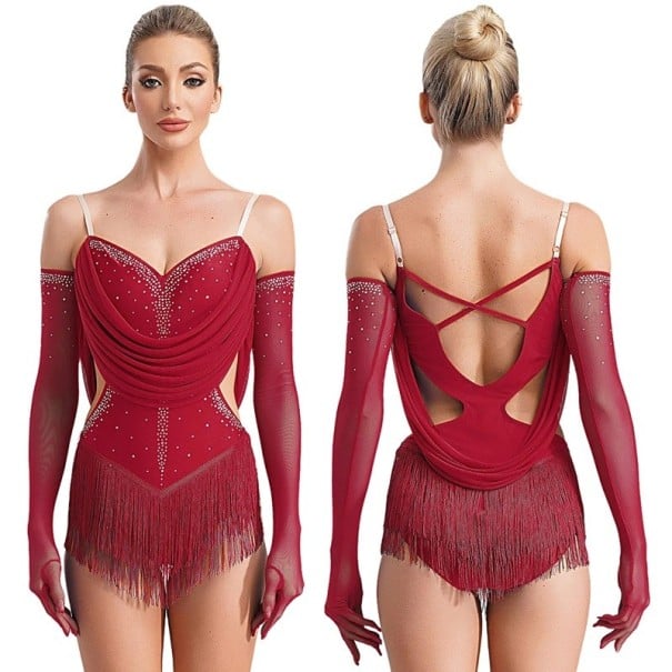 Dámske tanečné body s strapcami a kamienkami, nastaviteľné ramienka a rukavice, polyester nylon elastan, na latinu a vystúpenia červená M