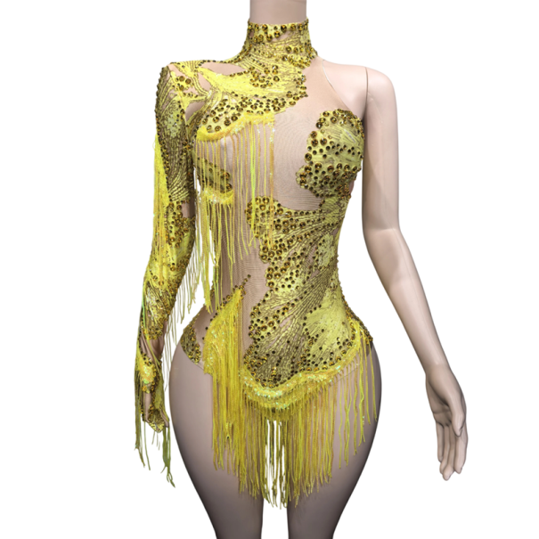 Dámské taneční body s flitry a třásněmi, jeden dlouhý rukáv, stojáček a síťovina, materiál rayon, na latinu a vystoupení žlutá L/XL