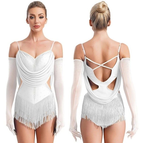 Dámské taneční body s třásněmi a kamínky, nastavitelná ramínka a rukavice, polyester nylon elastan, na latinu a vystoupení bílá L