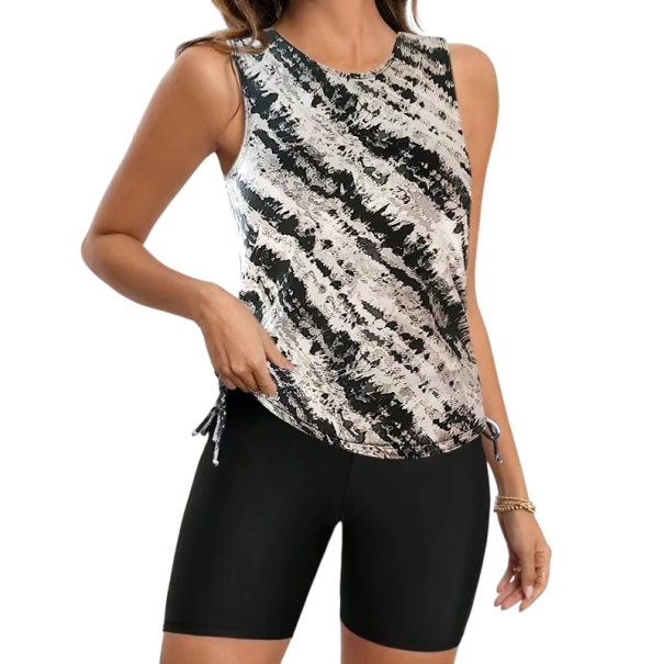 Dámske tankini plavky s kraťasmi a stahovacími bokmi polyester elastan dvojdielne plavky na plávanie a pláž čierna XL
