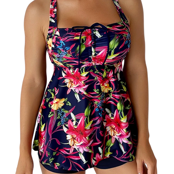 Dámske tankini plavky s kvetinovým vzorom a šortkami polyester elastan dvojdielne plavky na pláž a kúpanie červená S