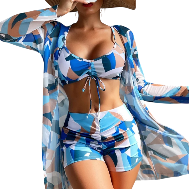 Dámske tankini plavky s prehozem a vysokým pásom polyester elastan trojdielne plavky na pláž a dovolenku modrá S