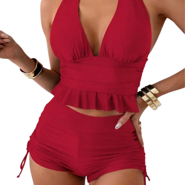 Dámské tankini s volánem a vysokým pasem polyester elastan dvoudílné plavky na pláž koupání a dovolenou červená XXL