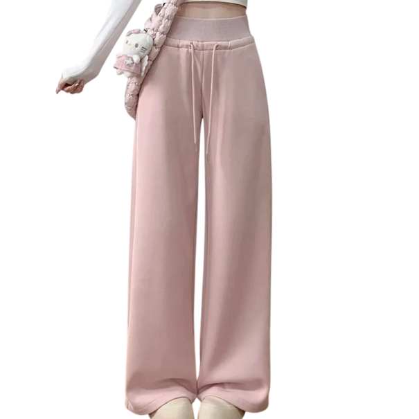 Dámské tepláky s vysokým pasem na tkaničku Polyester Bavlna Jednobarevné Pohodlné, stylové, ideální pro každodenní nošení růžová S