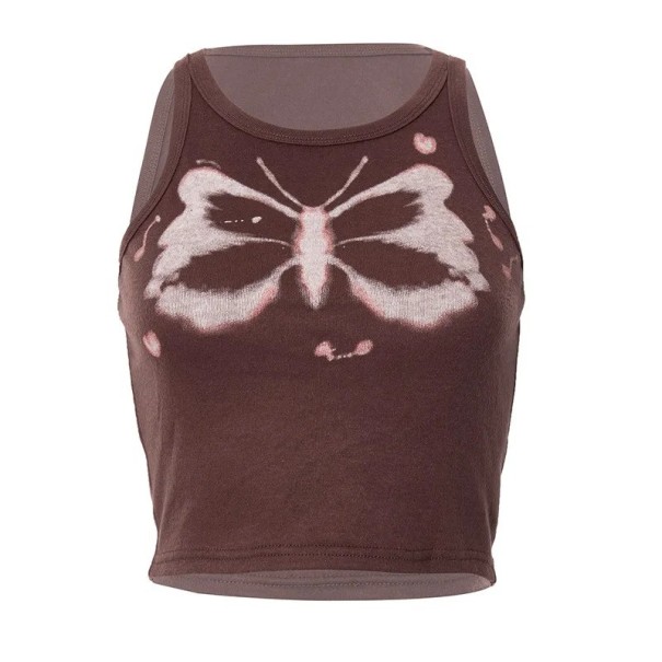 Dámske tílko Crop Top hnedé s potlačou motýľa Výstrih do O Široké ramienka Štýlové tílko polyester spandex S