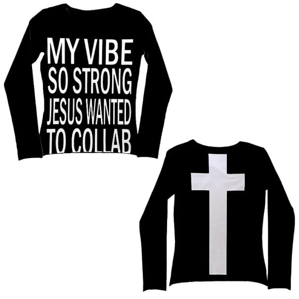 Dámske tričko s dlhým rukávom Okrúhly výstrih Streetwear s kresťanským motívom Kríž na chrbte a potlač vpredu Originálny štýl čierna L