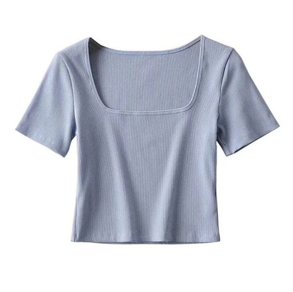 Dámské tričko s krátkým rukávem Elegantní čtvercový výstřih Přiléhavý střih Lehký žebrovaný materiál Stylový basic top pro každodenní nošení modrá M