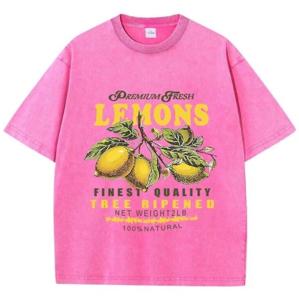 Dámské tričko s potiskem citronů Oversize styl Vintage nápis Premium Fresh Pohodlný střih Streetwear Tričko s krátkým rukávem růžová S