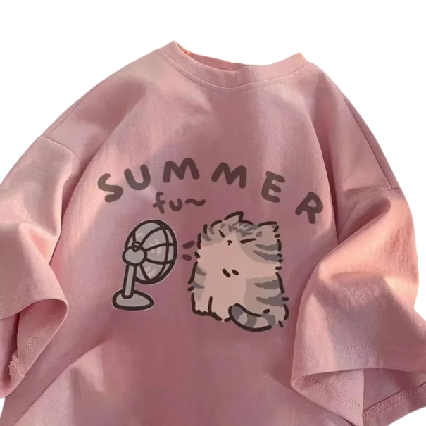 Dámské tričko s potiskem kočky a větráku Letní motiv Summer Fun Roztomilé volné tričko s krátkým rukávem pro pohodlné nošení v teplých dnech růžová S