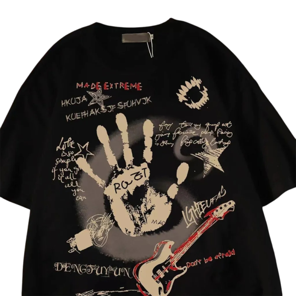 Dámské tričko s potiskem kytary a ruky Streetwear top s krátkým rukávem Kulatý výstřih Módní rockový styl pro volný čas i koncerty černá XS