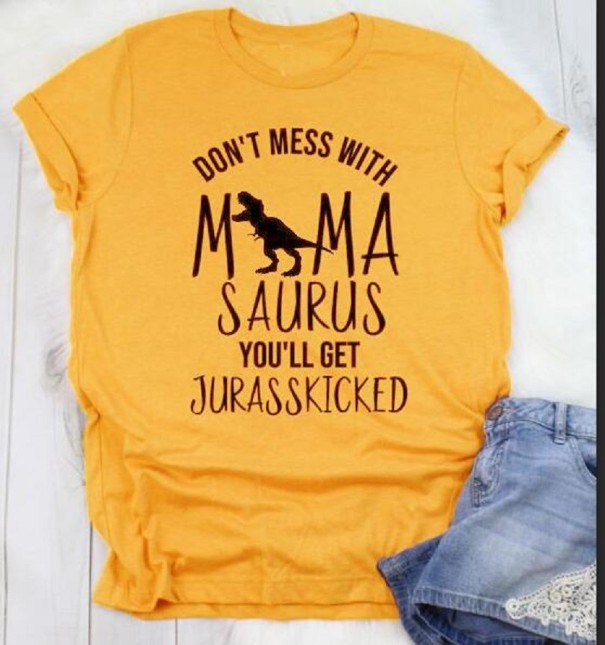 Dámske tričko s potlačou dinosaura A819 horčicová 3XL