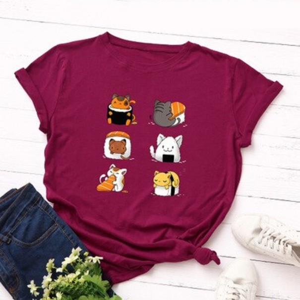 Dámske tričko s potlačou sushi a mačiek vínová L