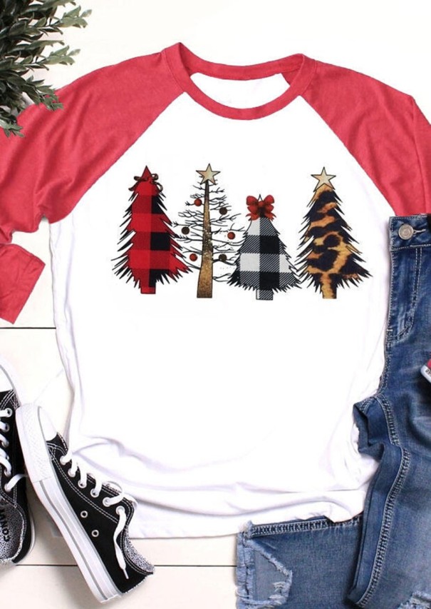Dámské tričko s vánočními stromečky červená M