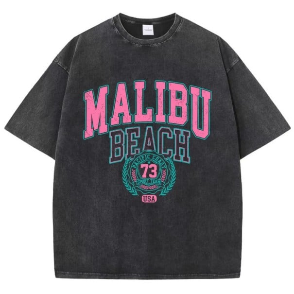 Dámské tričko s vintage potiskem MALIBU BEACH Volný střih Letní streetwear top Retro styl Oblečení pro volný čas Módní sportovní design černá L