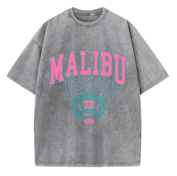 Dámske tričko s vintage potlačou MALIBU BEACH Voľný strih Letný streetwear top Retro štýl Oblečenie na voľný čas Módny športový design sivá XS