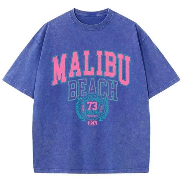 Dámske tričko s vintage potlačou MALIBU BEACH Voľný strih Letný streetwear top Retro štýl Oblečenie na voľný čas Módny športový modrá XXL