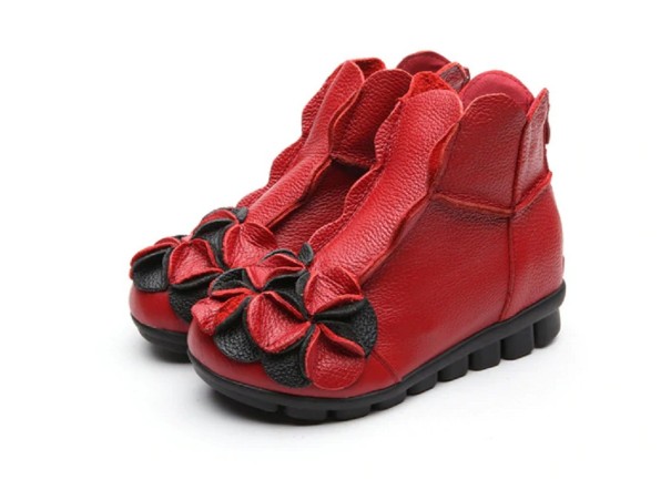 Dámské zimní kožené boty s květinou J2434 červená 38