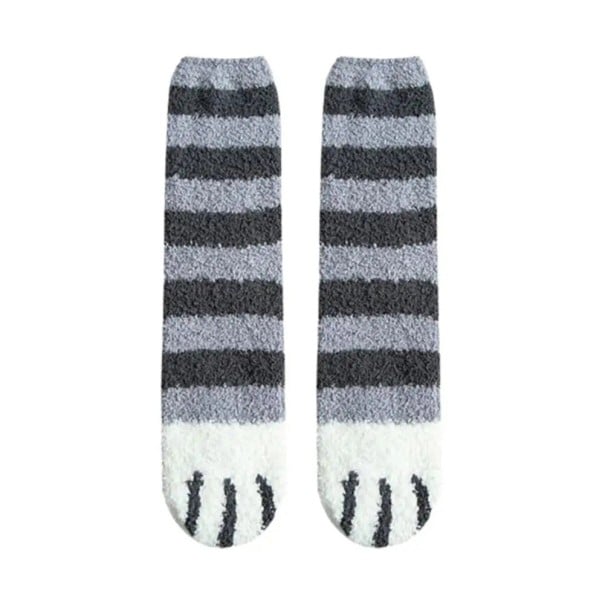 Dámské zimní teplé nadýchané proužkované ponožky EU 36-42 velikost měkké hřejivé bavlna polyester motiv kočičí tlapky pohodlné domácí ponožky šedá