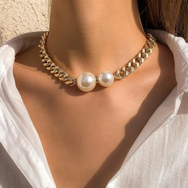 Damski choker 35 cm + 7 cm regulowana długość z dwiema dużymi perłami złoto