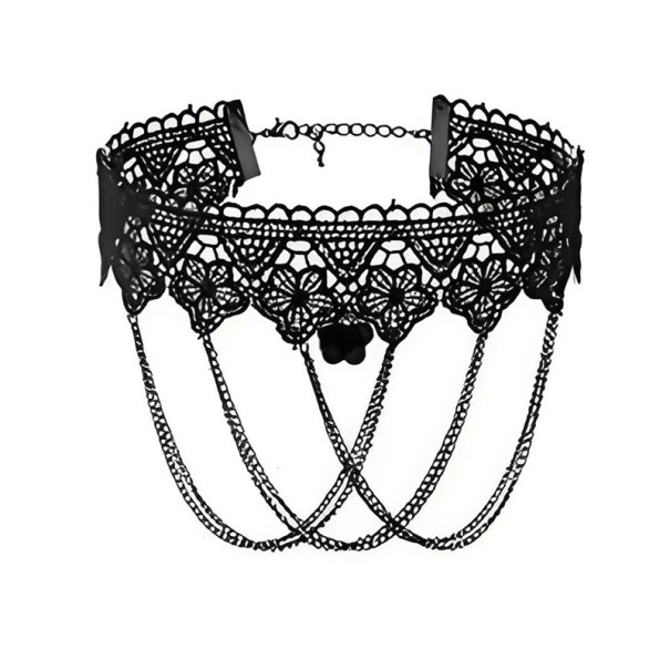 Damski koronkowy choker z łańcuszkami i centralnym zawieszeniem z zapięciem 32 + 5 cm naszyjnik na szyję koronka czarna dodatek na wieczór 1