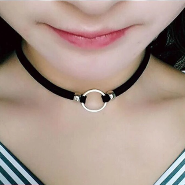 Damski koronkowy choker z metalowym kółkiem zapinający naszyjnik ze stali nierdzewnej i stopu cynku czarny dodatek na szyję 1