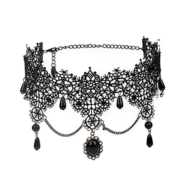 Damski koronkowy choker z zawieszką i wiszącymi łańcuszkami z zapięciem 32 + 5 cm naszyjnik na szyję koronkowy czarny elegancki dodatek 1