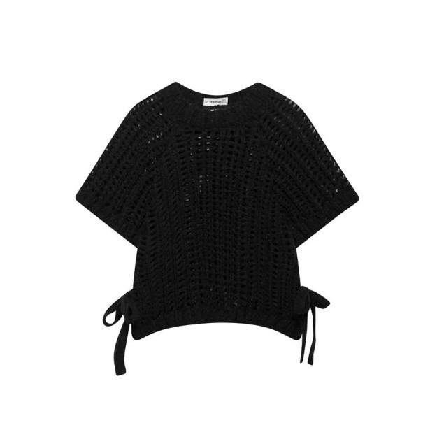 Damski pleciony sweter z krotkim rekawem Zawiązywanie na sznurki po bokach Jednokolorowy elegancki top z okrągłym dekoltem Poliester Rozne kolory czarny L