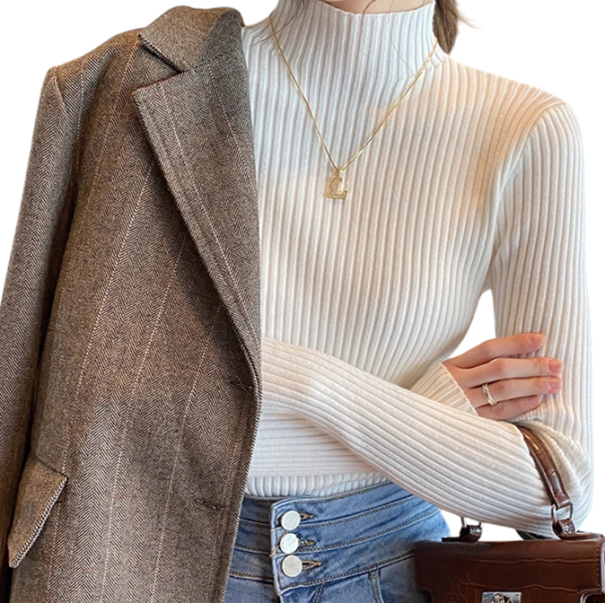 Damski sweter dziany z golfem z bawełny i akrylu Jednokolorowy elegancki sweter z długim rękawem Uniwersalny rozmiar na jesień i zimę biały