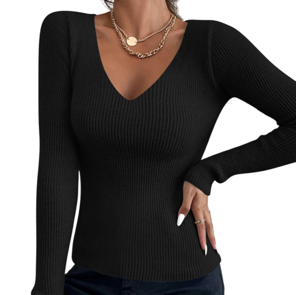 Damski sweter pleciony z bawełny i akrylu z dekoltem w serek Jednobarwny elegancki sweter z długim rękawem Uniwersalny rozmiar do codziennego noszenia czarny