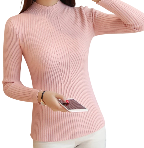 Damski sweter pleciony z bawełny i poliestru z okrągłym dekoltem Jednokolorowy elegancki sweter z długim rękawem Uniwersalny rozmiar do codziennego noszenia różowy