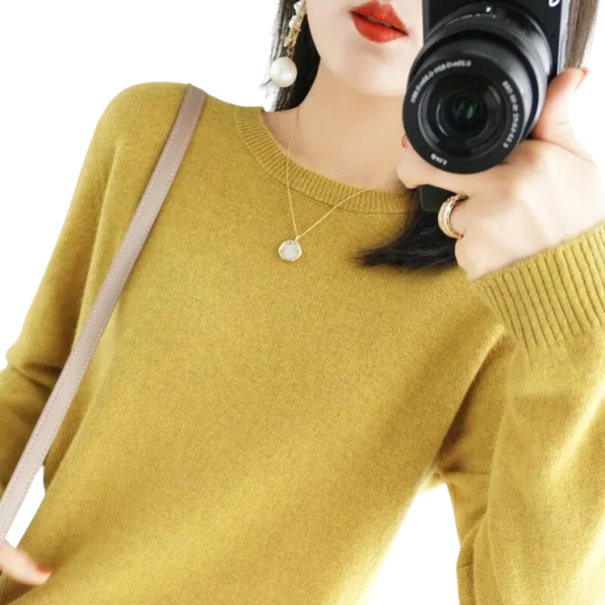 Damski sweter pleciony z poliesteru i akrylu z okrągłym dekoltem Jednokolorowy elegancki sweter z długim rękawem Uniwersalny rozmiar do codziennego noszenia żółty