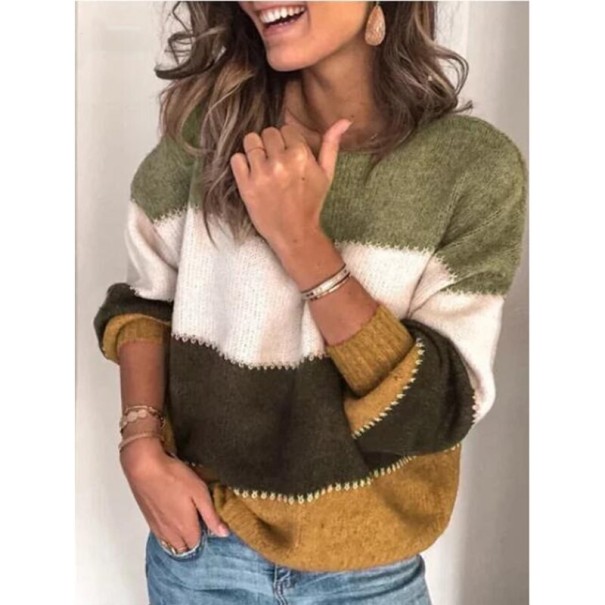 Damski sweter w paski zieleń wojskowa XL