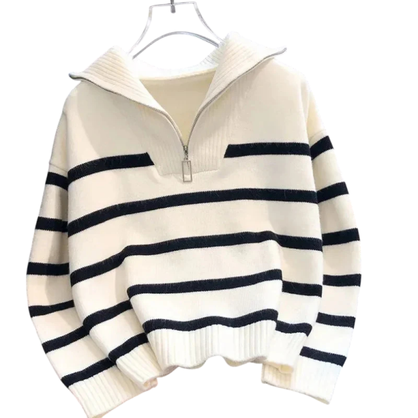 Damski sweter z długim rękawem i dekoltem w kształcie V Zamek błyskawiczny Elegancki biały sweter w czarne paski Uniwersalny rozmiar z acetatu 1