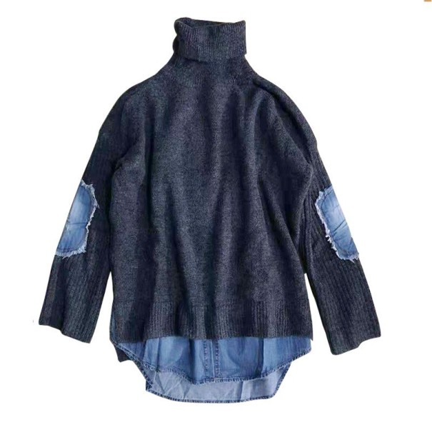 Damski sweter z dżinsową wstawką ciemnoniebieski