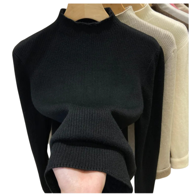 Damski sweter z golfem i pluszowym wnętrzem Jednokolorowy ciepły sweter z bawełny i akrylu z długim rękawem Uniwersalny rozmiar Zimowa moda czarny