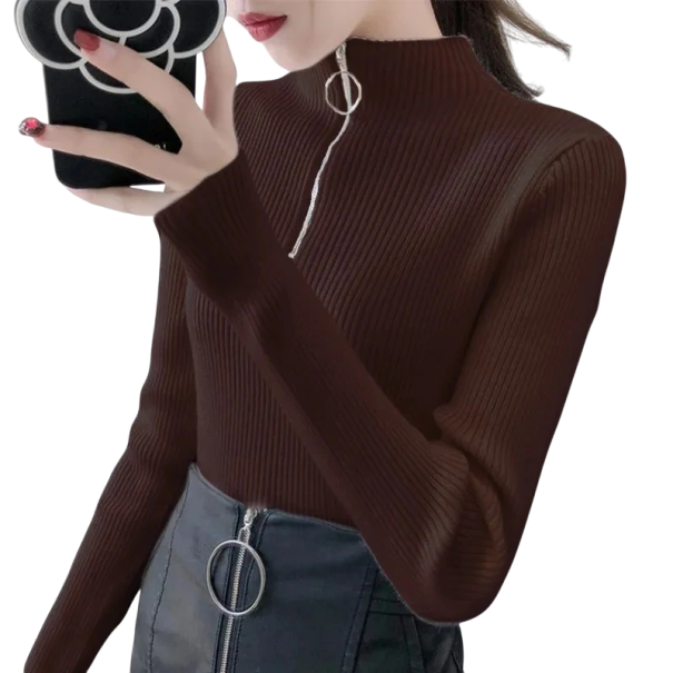 Damski sweter z golfem i półzamkiem Elegancki jednokolorowy sweter z akrylu i bawełny z długim rękawem Wygodny zimowy top w różnych kolorach brązowy