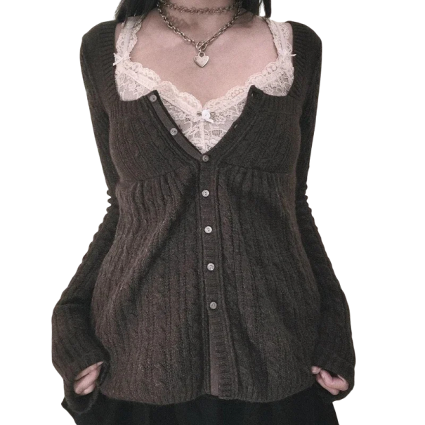 Damski sweter z koronką w dekolcie w serek Polowiczne zapięcie na guziki Elegancki jednokolorowy sweter z długim rękawem Różne kolory Poliester Bawełna czarny S