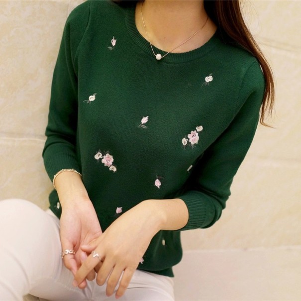 Damski sweter z kwiatami zielony XS