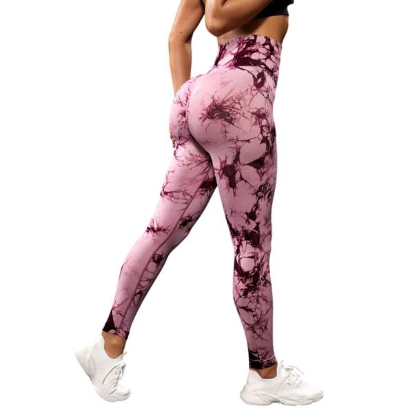 Damskie, barwione metodą tie-dye, bezszwowe legginsy sportowe z wysokim stanem i efektem push-up. Szybkoschnące, elastyczne legginsy. Lekka, oddychająca tkanina. różowy L