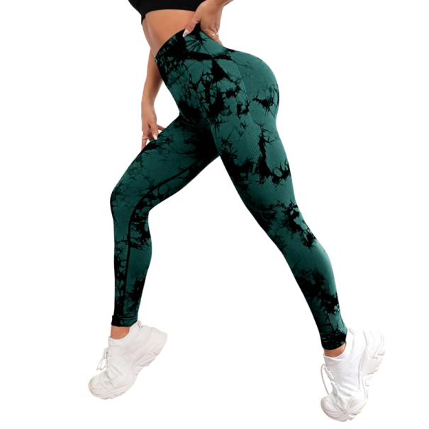 Damskie, barwione metodą tie-dye, bezszwowe legginsy sportowe z wysokim stanem i efektem push-up. Szybkoschnące, elastyczne legginsy. Lekka, oddychająca tkanina. zielony S