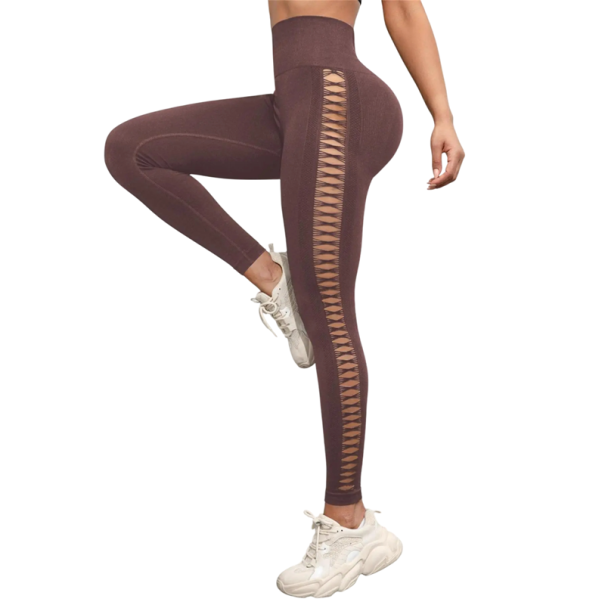 Damskie bezszwowe legginsy z wysokim stanem, elastyczne legginsy push-up, siateczkowy design po bokach, sportowe legginsy do fitnessu i jogi brązowy S