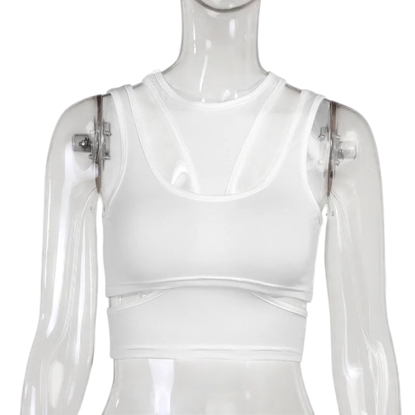 Damskie Koszulka jednokolorowe Crop top Wycięcie w kształcie O Wycięcia Szerokie ramiączka Poliester spandex elastyczny nowoczesny top biały S