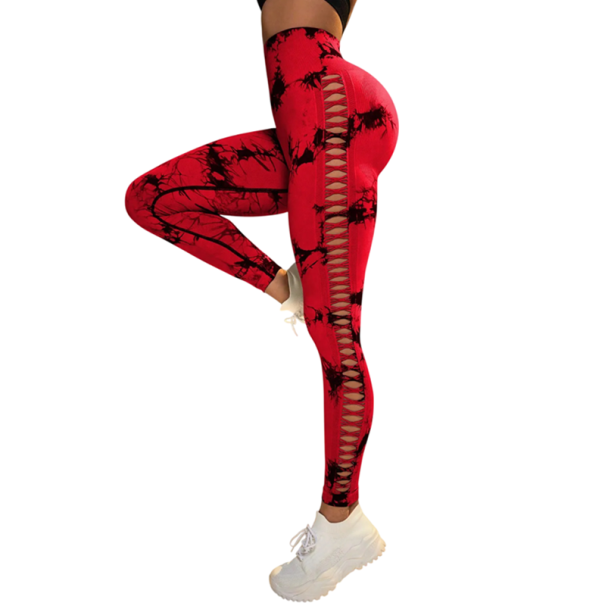 Damskie legginsy bezszwowe z wysokim stanem i efektem tie-dye, z siateczką i elastycznym wzorem z boku, do ćwiczeń fitness czerwony S