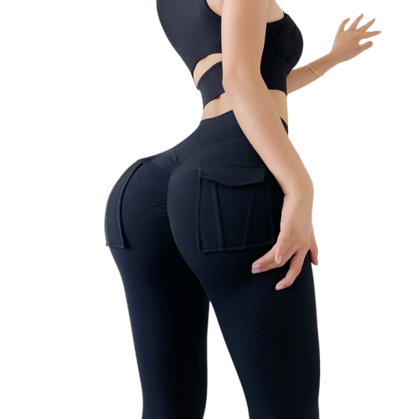 Damskie legginsy sportowe z wysokim stanem i kieszeniami Elastyczne spodnie treningowe Slim Fit Wygodna odzież fitness czarny M