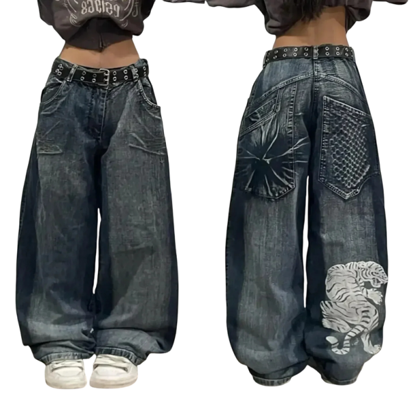 Damskie luźne jeansy Baggy z nadrukiem białego tygrysa Luźne długie szerokie nogawki Spodnie Streetwear Styl Vintage Casual Fashion M