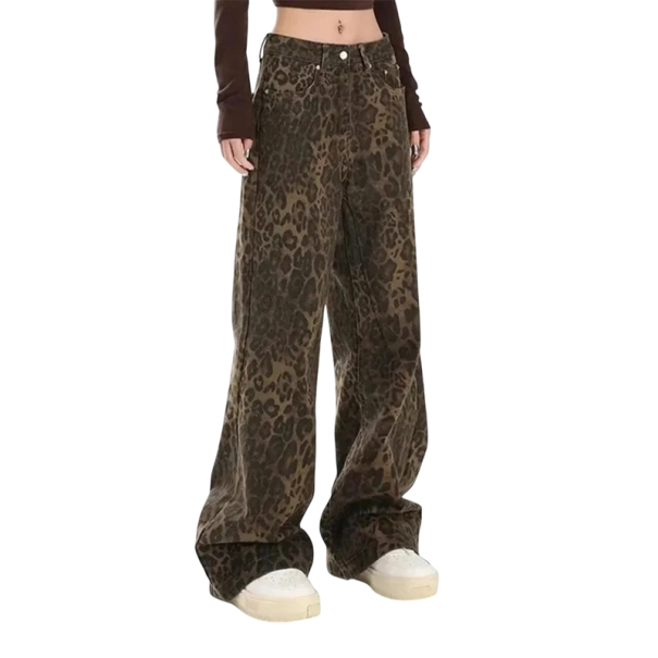 Damskie luźne jeansy z nadrukiem w panterkę Brązowe szerokie nogawki Casual Jeansy Streetwear Stylowe spodnie z nadrukiem w panterkę M