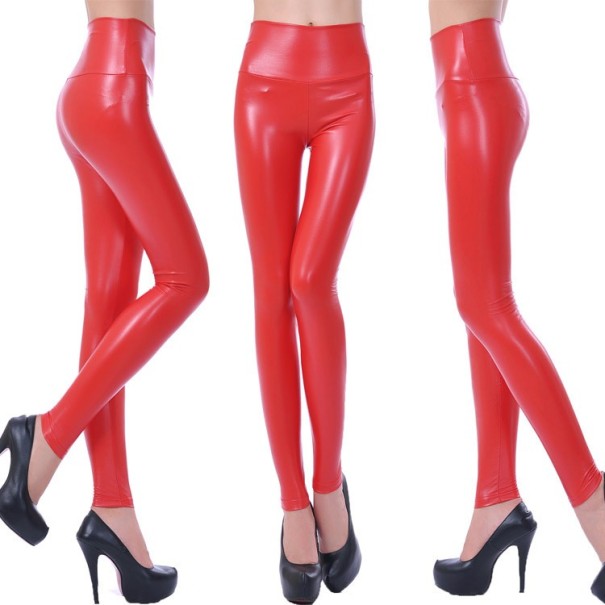 Damskie modne legginsy z sztucznej skóry - czerwony XL