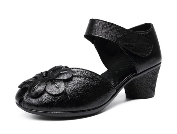 Damskie skórzane buty z kwiatkiem czarny 37
